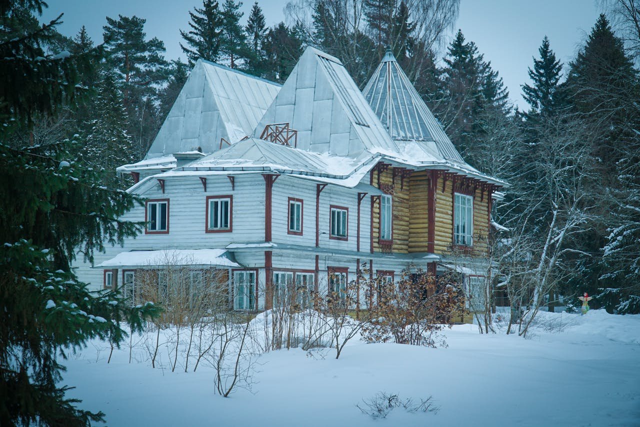 services-05 Charming wooden house in a snowy forest, Saint Petersburg, Russia. Perfect winter scenery.